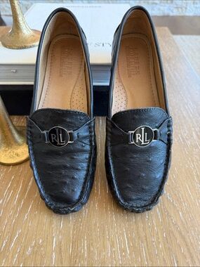 Ralph Lauren Black Leather RLL Logo Driving Loafers